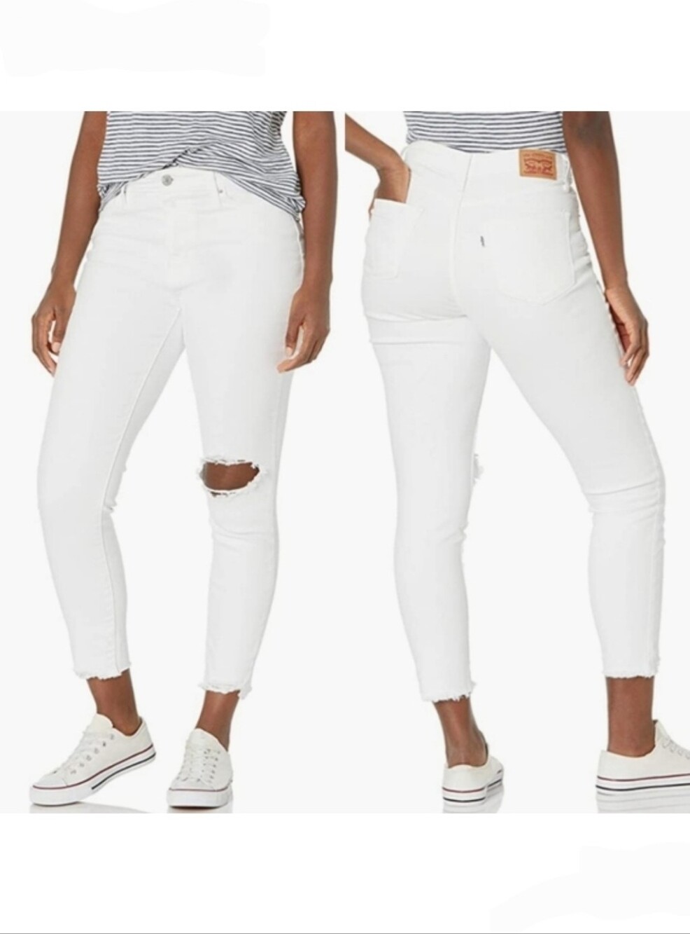 Levis 721 High Rise Skinny Ankle Jean White Distressed Busted Knee Raw Hem 8 NEW